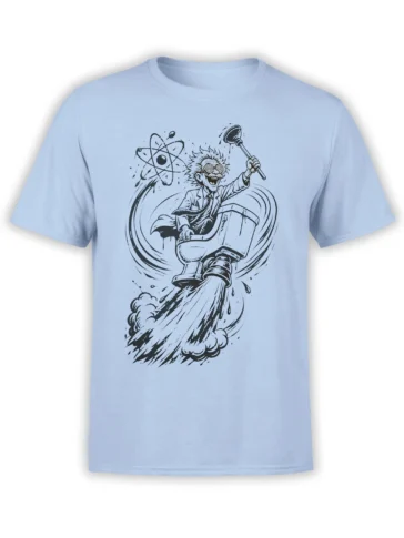 Light blue scientist T-shirt with a wild-haired inventor riding a rocket beneath an atomic orbit