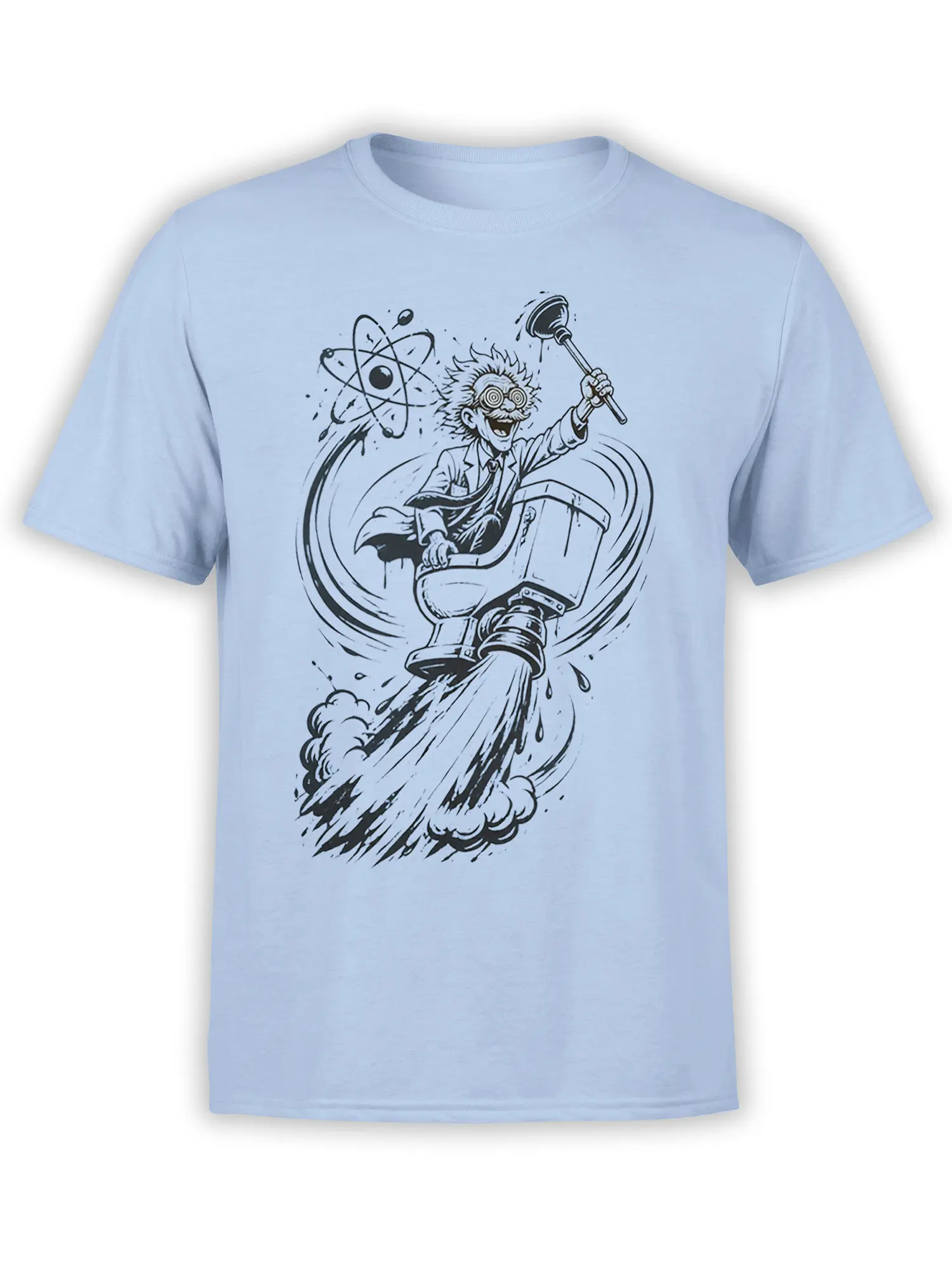 Light blue scientist T-shirt with a wild-haired inventor riding a rocket beneath an atomic orbit