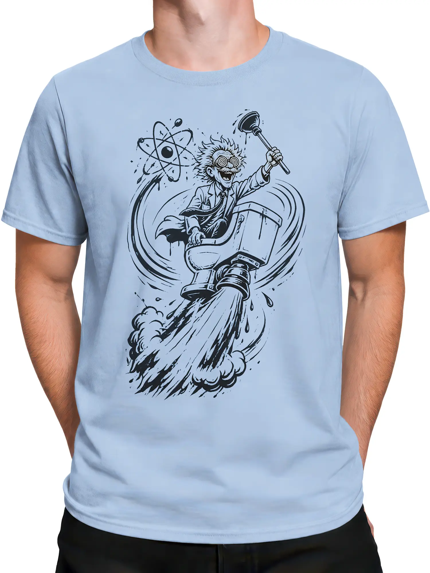 Male torso wearing a light blue scientist T-shirt with a wild inventor riding a rocket