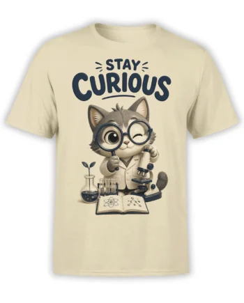 Beige T-shirt with a gray cat scientist wearing glasses, holding a microscope, with Stay Curious text