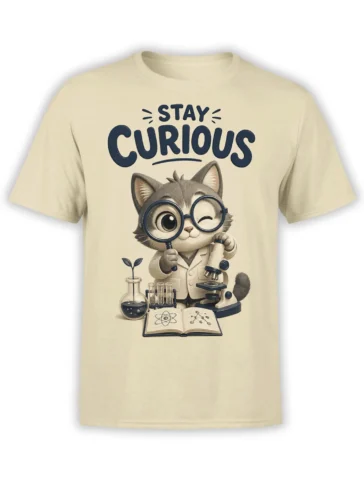 Beige T-shirt with a gray cat scientist wearing glasses, holding a microscope, with Stay Curious text