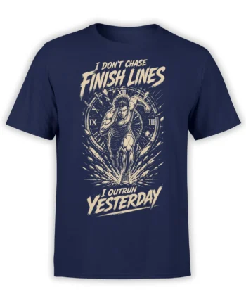 Motivational navy running T-shirt with runner breaking through a clock and “I Outrun Yesterday” text