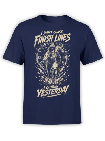 Motivational navy running T-shirt with runner breaking through a clock and “I Outrun Yesterday” text
