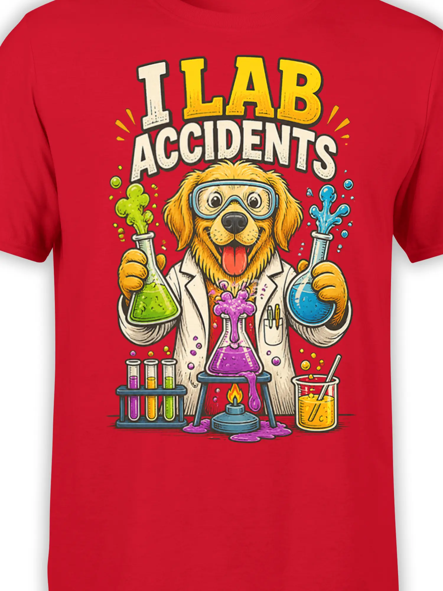 Close-up of golden retriever scientist graphic with goggles, flasks, test tubes, and colorful lab accidents lettering