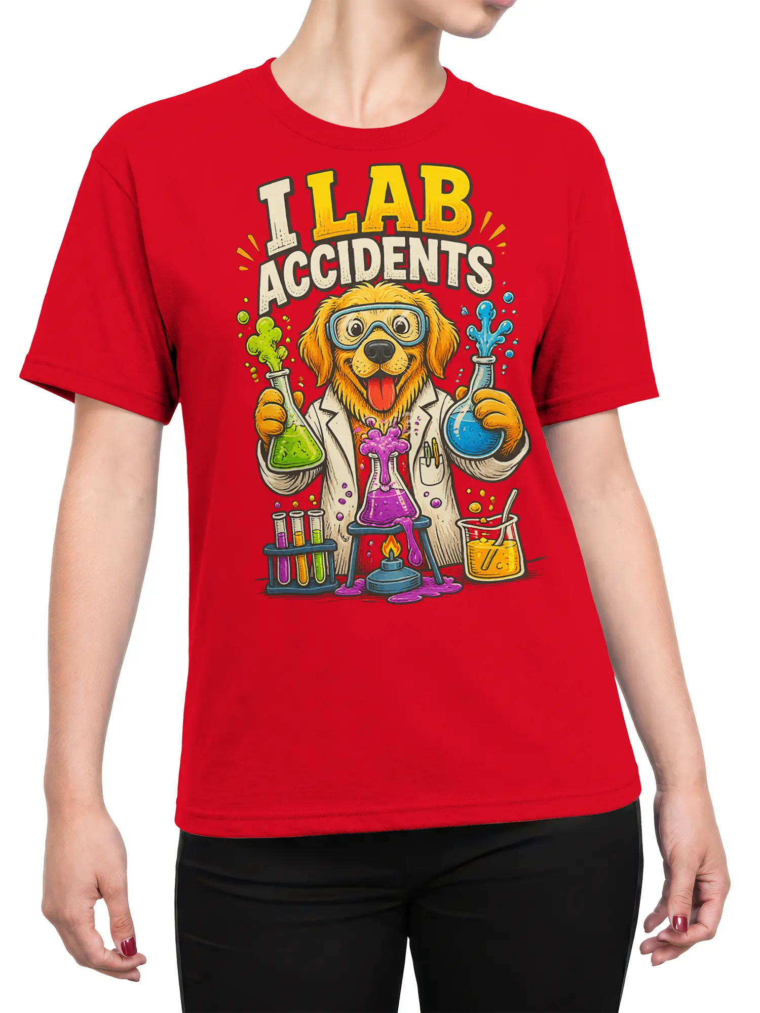 Female torso wearing a red dog scientist T-shirt with golden retriever, goggles, flasks, and lab equipment