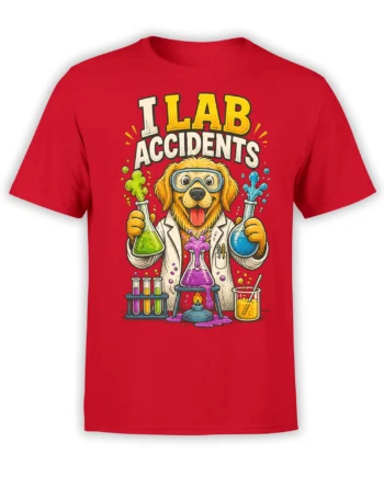 Red dog scientist T-shirt with golden retriever, safety goggles, bubbling flasks, and LAB ACCIDENTS text