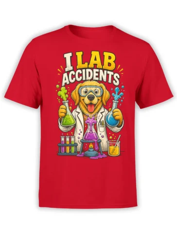Red dog scientist T-shirt with golden retriever, safety goggles, bubbling flasks, and LAB ACCIDENTS text