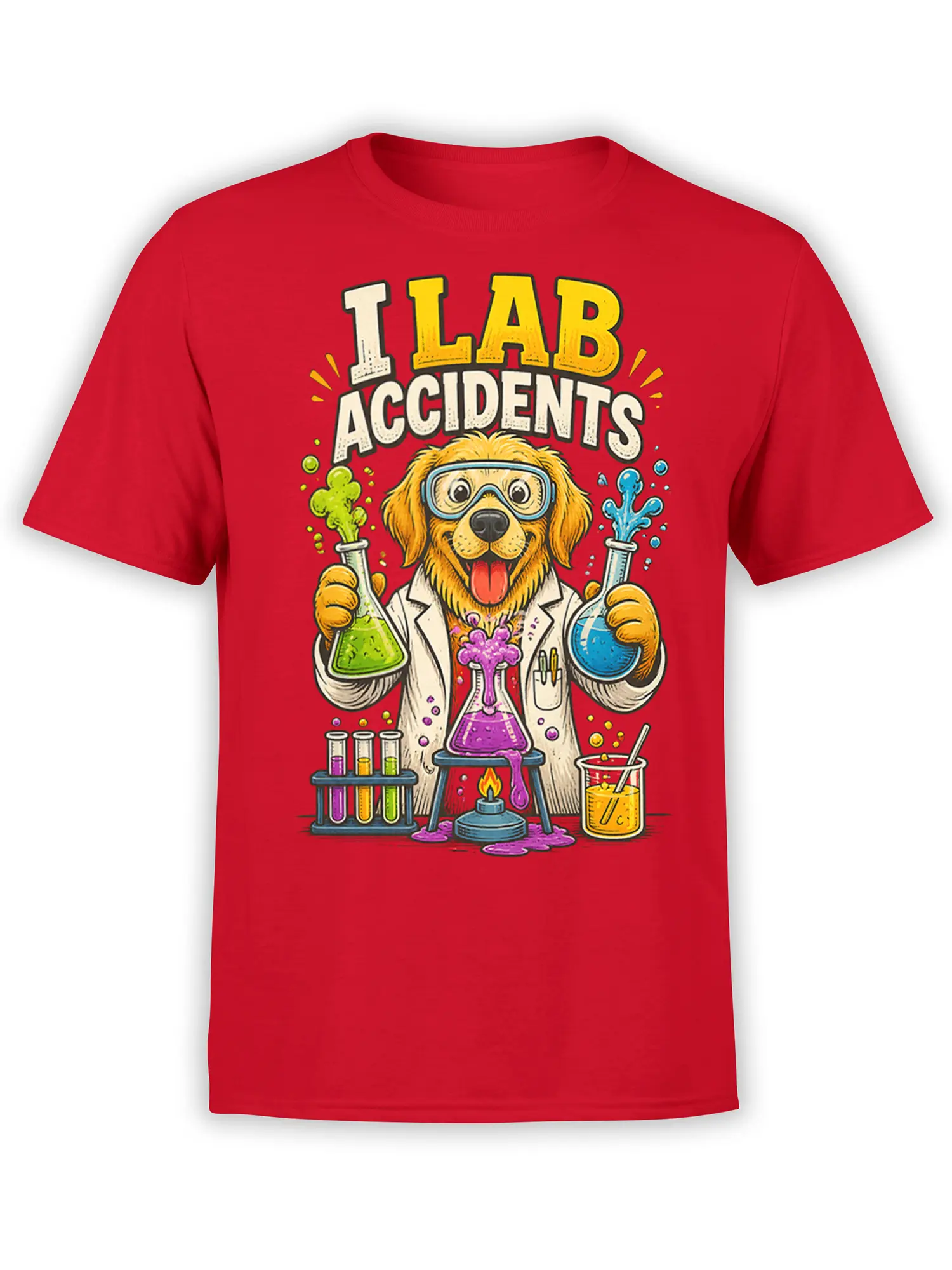 Red dog scientist T-shirt with golden retriever, safety goggles, bubbling flasks, and LAB ACCIDENTS text