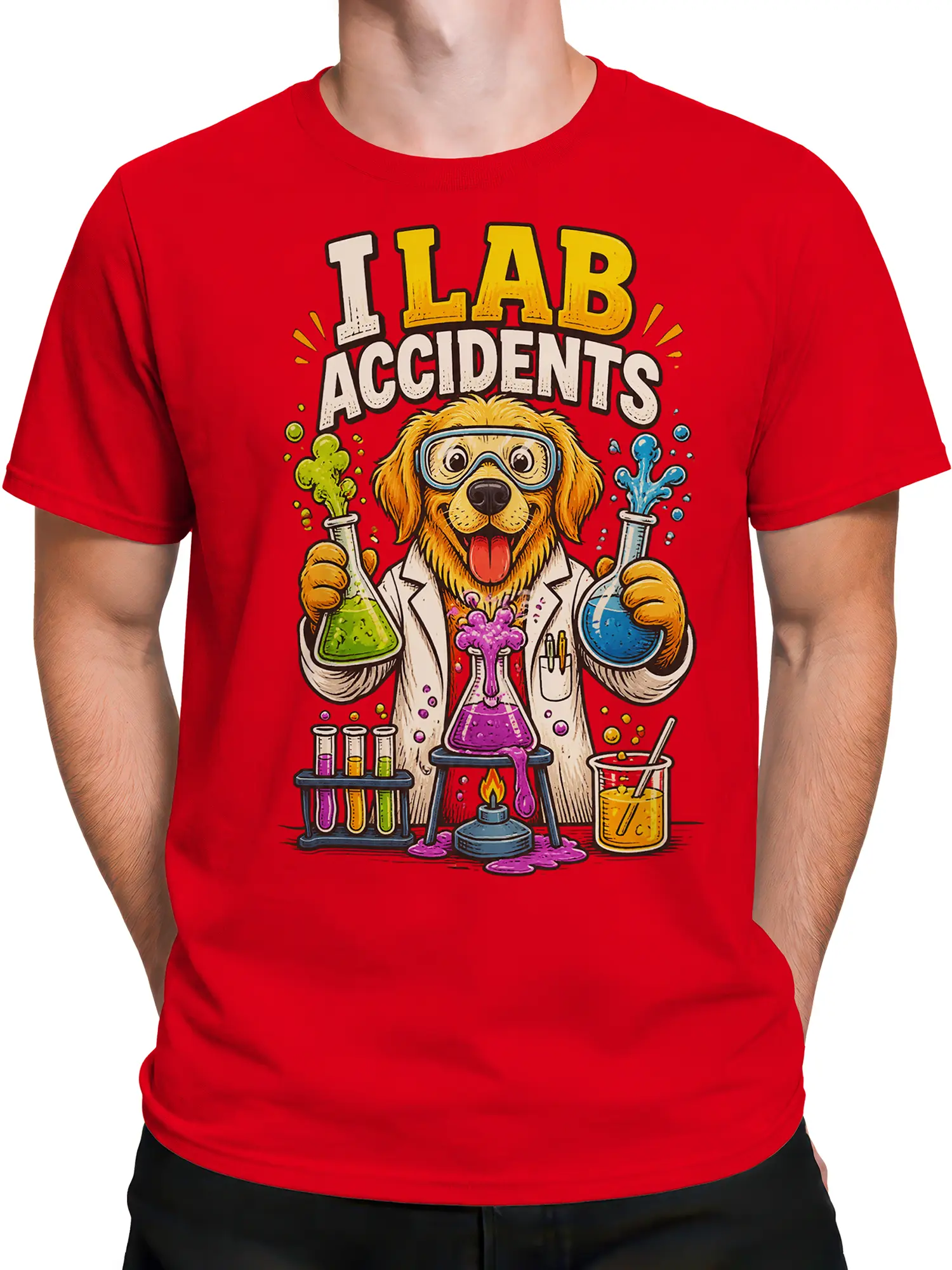 Male torso wearing a red golden retriever scientist T-shirt with goggles and colorful chemistry equipment