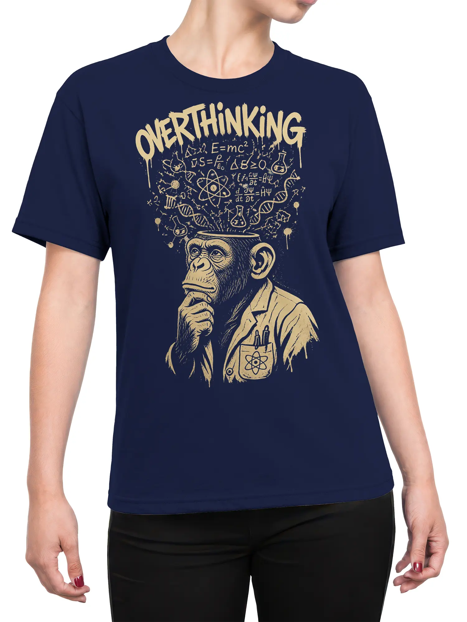 Female torso wearing a navy T-shirt with an overthinking chimpanzee scientist and vintage science artwork