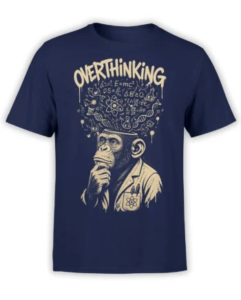 Overthinking chimpanzee scientist graphic with formulas and atomic symbols on a navy T-shirt
