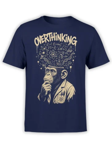 Overthinking chimpanzee scientist graphic with formulas and atomic symbols on a navy T-shirt