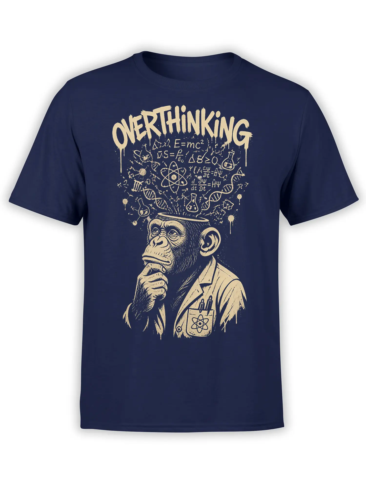 Overthinking chimpanzee scientist graphic with formulas and atomic symbols on a navy T-shirt