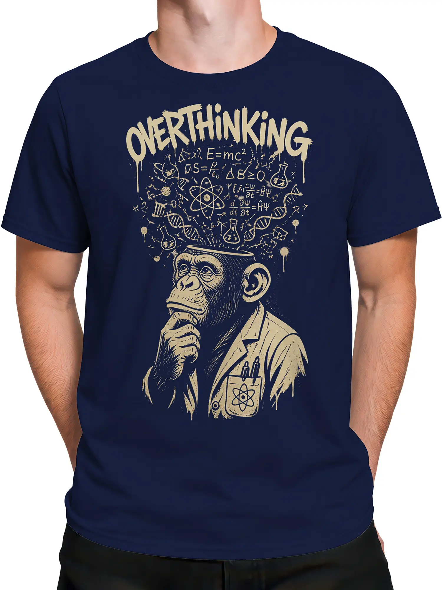 Male torso wearing a navy overthinking chimpanzee scientist graphic T-shirt with vintage formulas