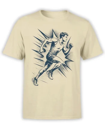 Vintage comic-style runner in motion with navy speed lines on a beige running T-shirt