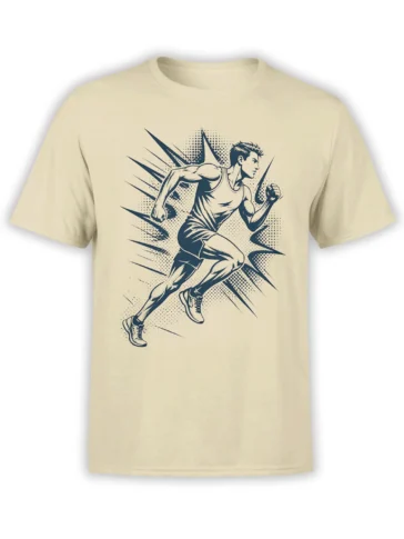Vintage comic-style runner in motion with navy speed lines on a beige running T-shirt