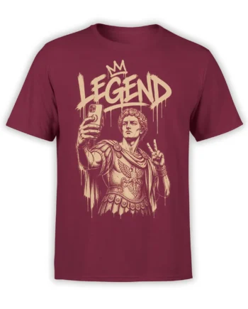Roman-style warrior taking a smartphone selfie with a crown and LEGEND lettering on a burgundy T-shirt