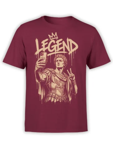 Roman-style warrior taking a smartphone selfie with a crown and LEGEND lettering on a burgundy T-shirt