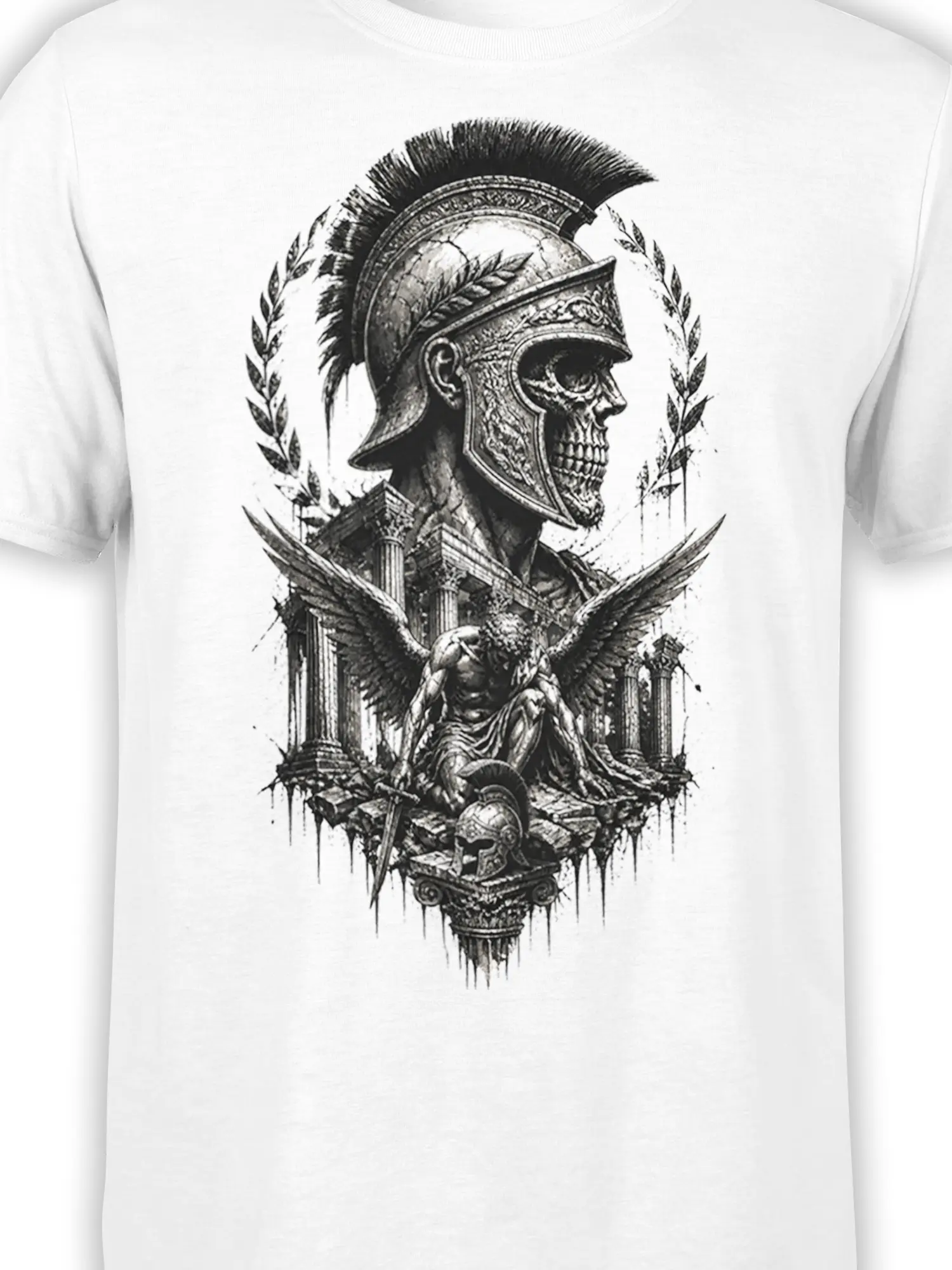 Close-up of Roman skull warrior artwork with ornate helmet, laurel wreath, wings, and classical columns on a white shirt