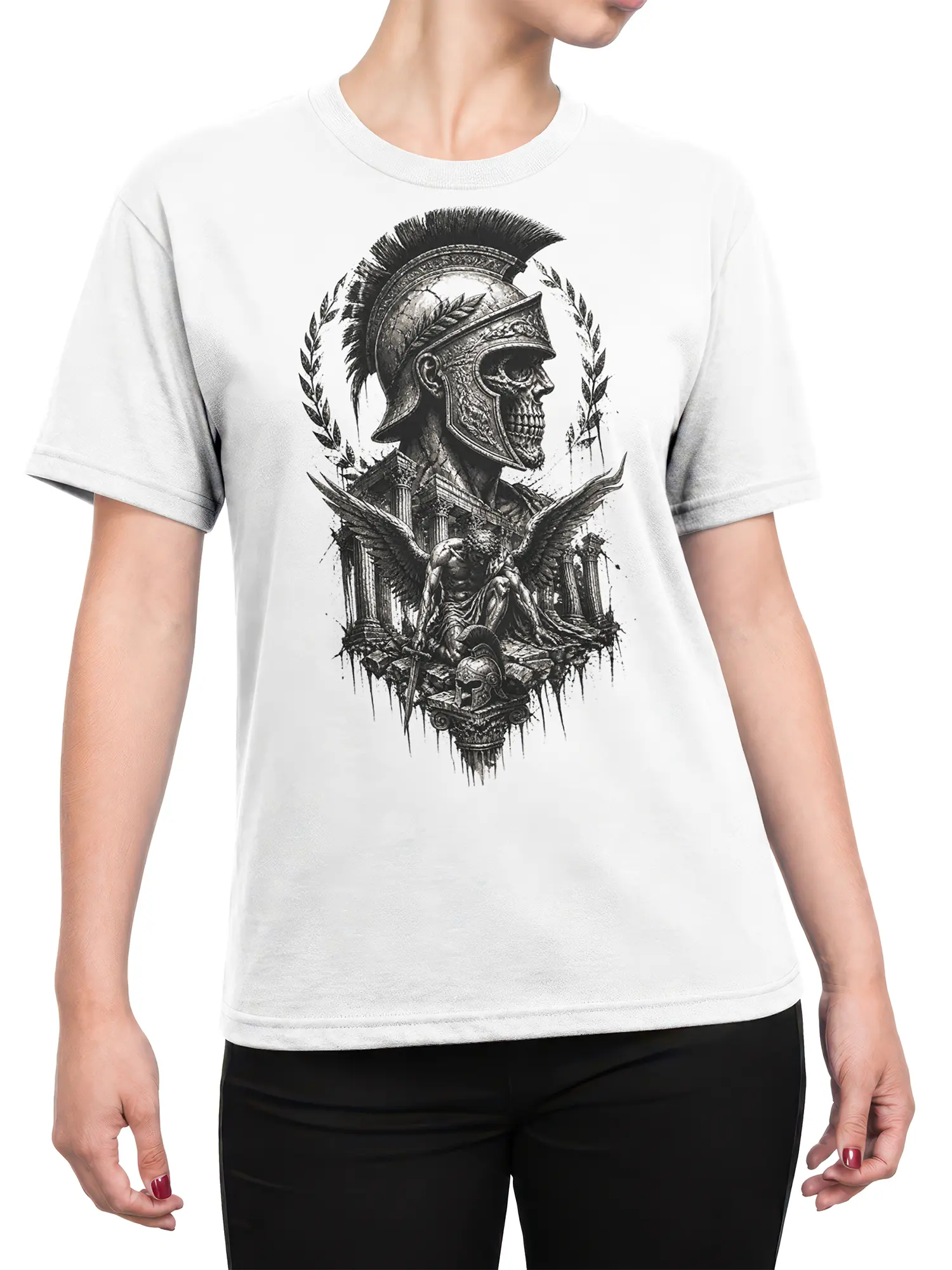Female torso wearing a white Roman skull warrior T-shirt with laurel branches, wings, columns, and dark historical artwork