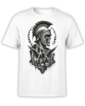 White T-shirt with a detailed Roman skull warrior, laurel wreath, wings, columns, and ruined monument artwork