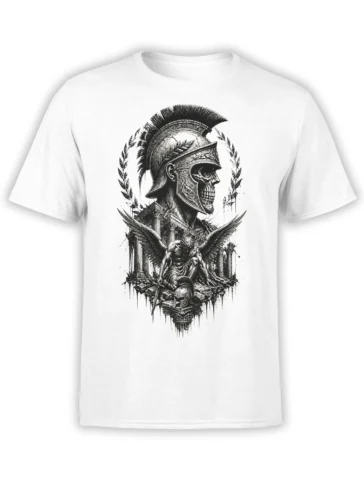 White T-shirt with a detailed Roman skull warrior, laurel wreath, wings, columns, and ruined monument artwork