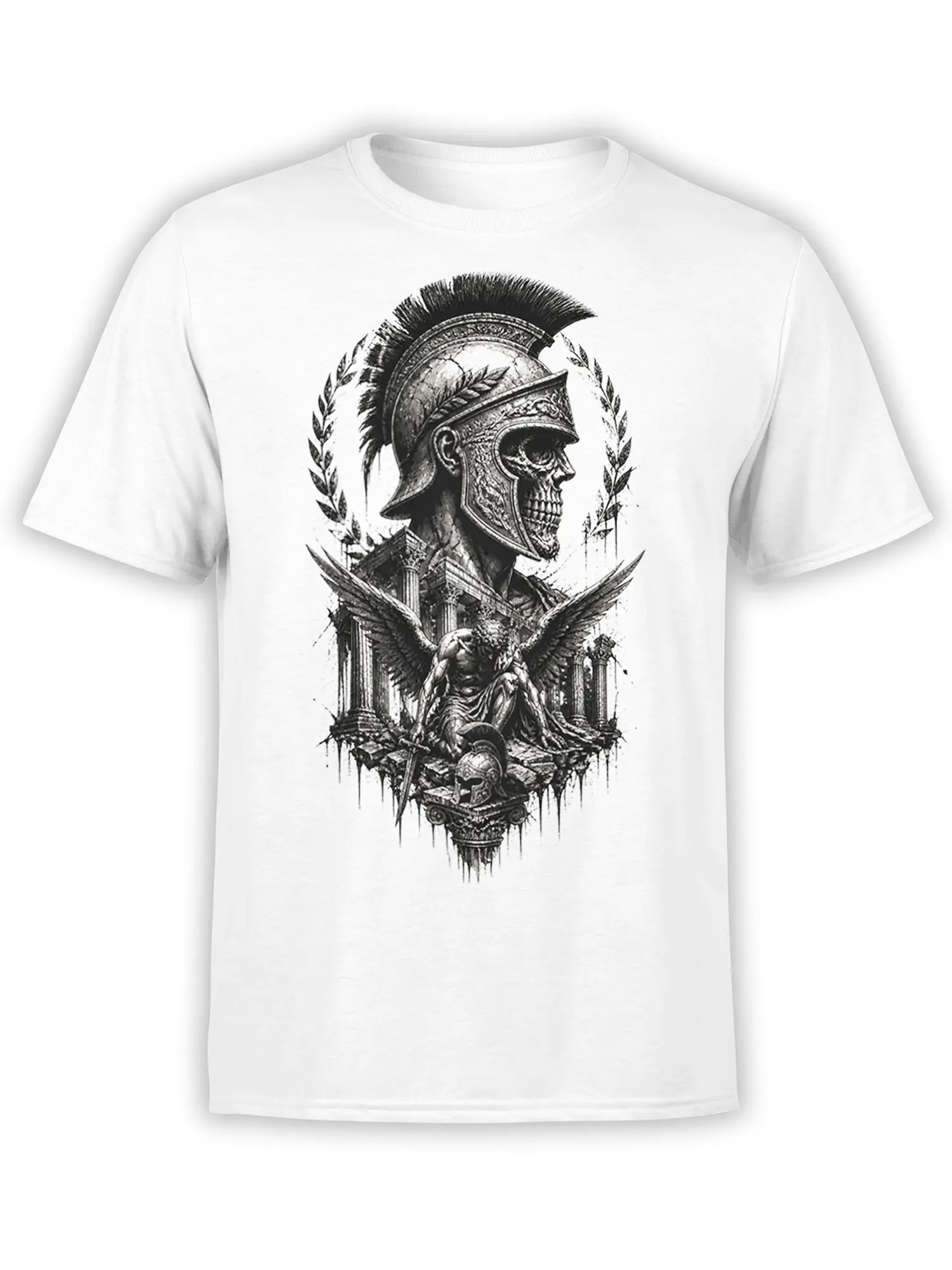 White T-shirt with a detailed Roman skull warrior, laurel wreath, wings, columns, and ruined monument artwork