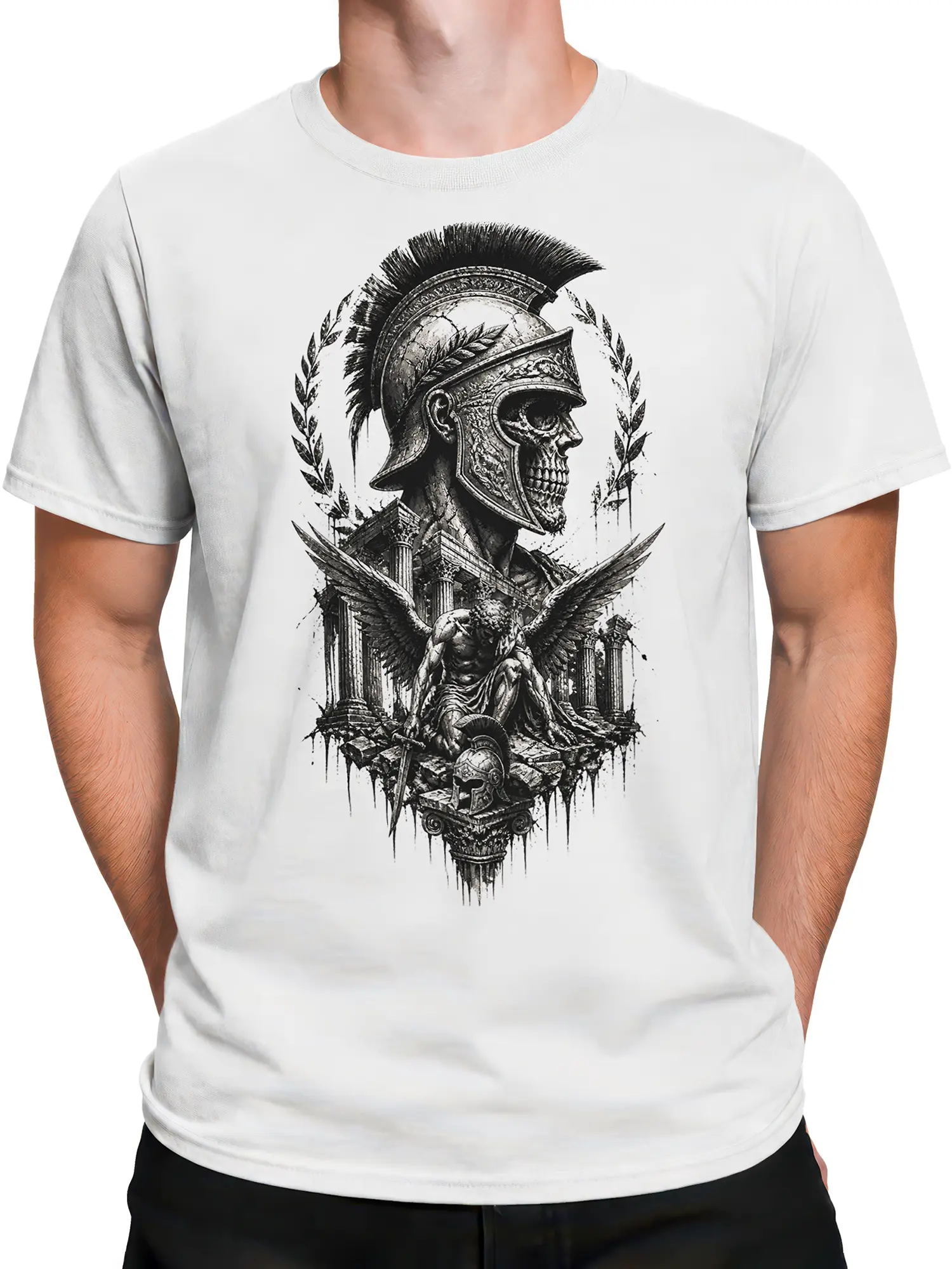Male torso wearing a white T-shirt with Roman skull warrior artwork, laurel wreath, wings, columns, and classical ruins