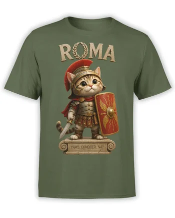 Roman warrior tabby cat wearing armor and holding a sword and shield on a green T-shirt