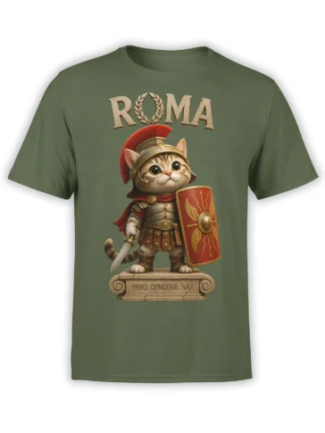 Roman warrior tabby cat wearing armor and holding a sword and shield on a green T-shirt