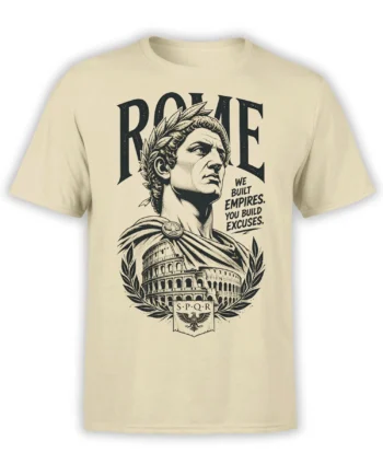 Beige Roman emperor T-shirt with laurel wreath, Colosseum, eagle emblem, and bold empire-themed lettering