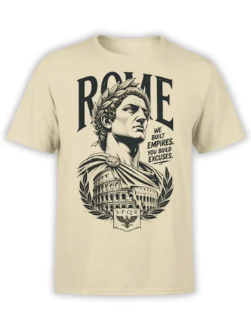 Beige Roman emperor T-shirt with laurel wreath, Colosseum, eagle emblem, and bold empire-themed lettering