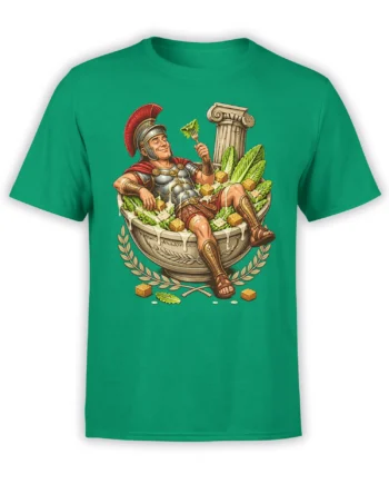 Roman warrior lounging in a salad bowl with lettuce and fork on a green T-shirt