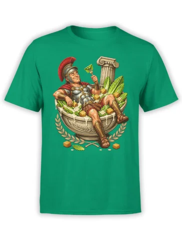 Roman warrior lounging in a salad bowl with lettuce and fork on a green T-shirt