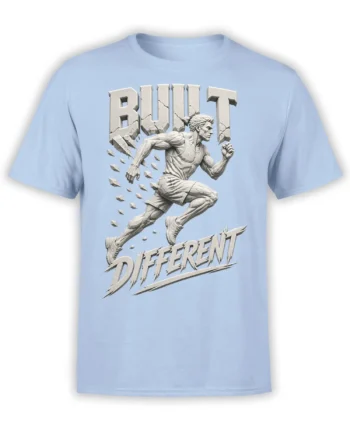 Light blue runner T-shirt with stone-style athlete graphic and BUILT DIFFERENT lettering