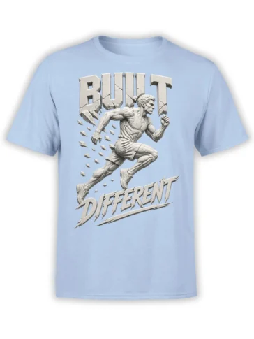 Light blue runner T-shirt with stone-style athlete graphic and BUILT DIFFERENT lettering