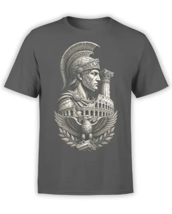Gray T-shirt with vintage Roman warrior, Colosseum, spreading eagle, and laurel branch design