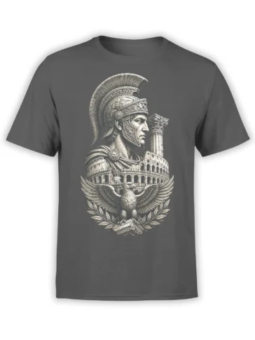 Gray T-shirt with vintage Roman warrior, Colosseum, spreading eagle, and laurel branch design