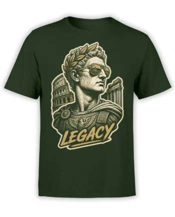 Green T-shirt with Roman bust in sunglasses, laurel wreath, ancient buildings, eagle emblem, and LEGACY lettering