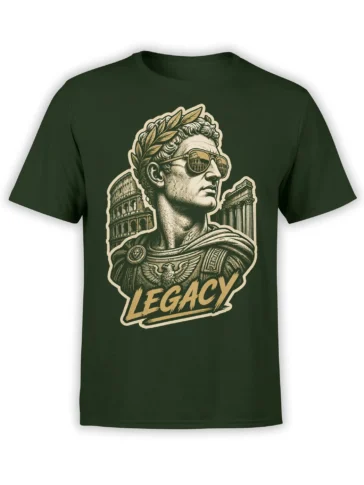 Green T-shirt with Roman bust in sunglasses, laurel wreath, ancient buildings, eagle emblem, and LEGACY lettering