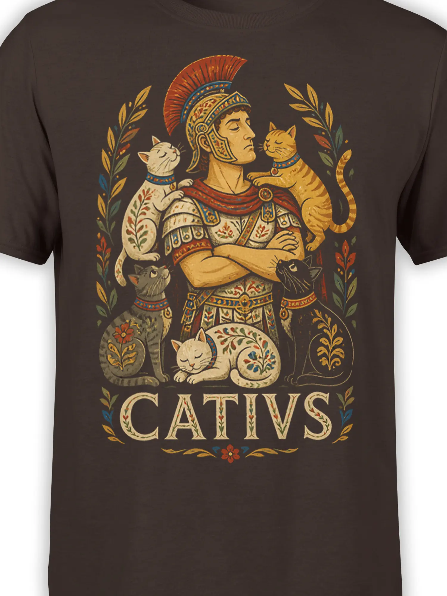 Close-up of Roman-style commander and five cats on a vintage brown cat graphic T-shirt