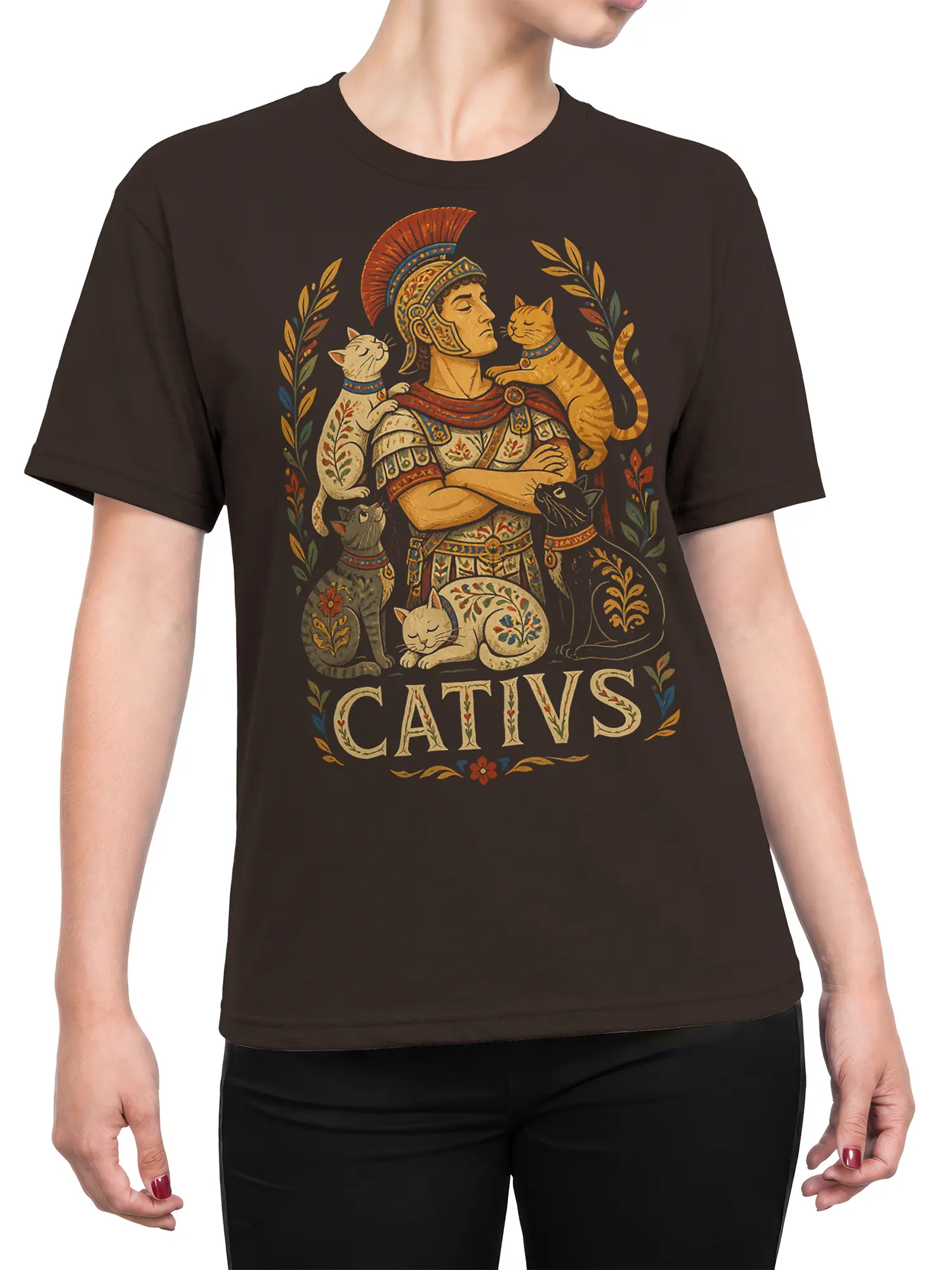 Female torso wearing a brown cat T-shirt with Roman commander artwork and five regal cats