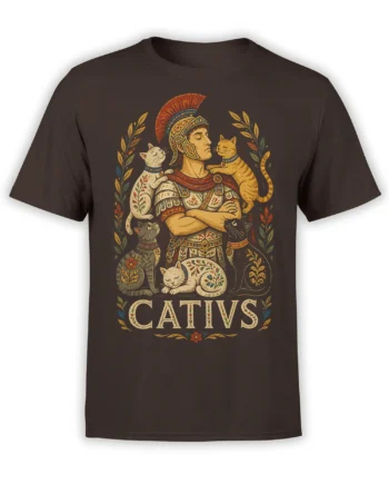 Brown cat T-shirt with a Roman-style commander, five decorative cats, floral details, and CATTIVS text