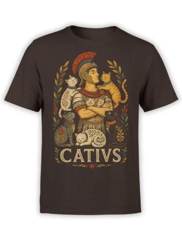Brown cat T-shirt with a Roman-style commander, five decorative cats, floral details, and CATTIVS text