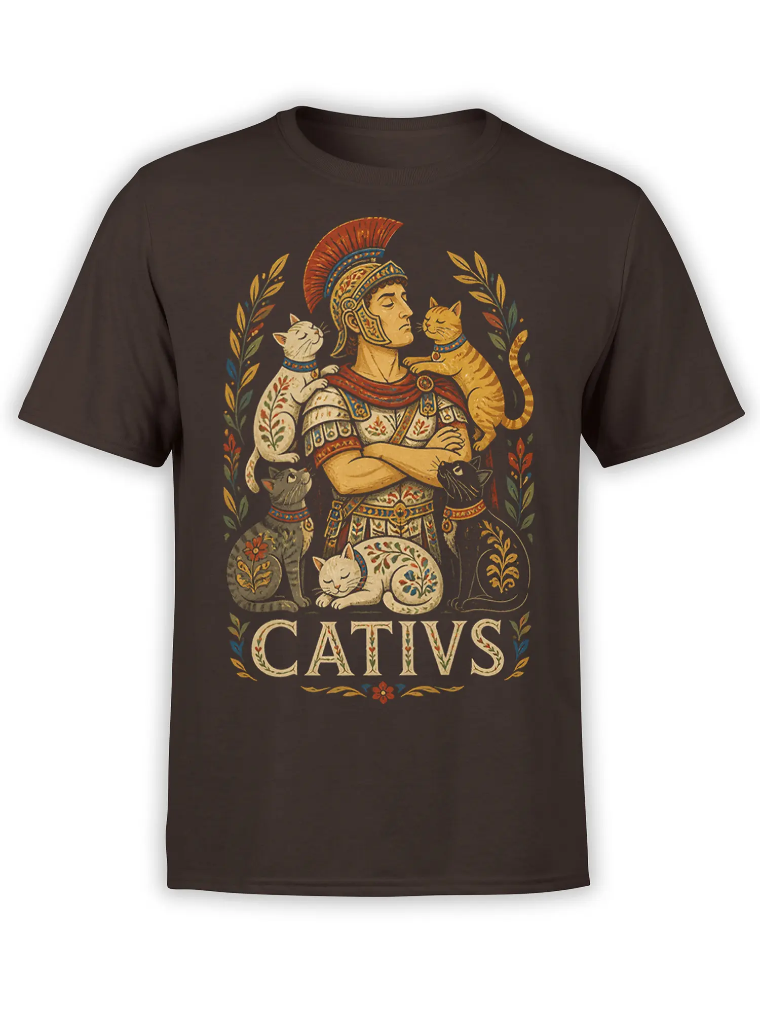 Brown cat T-shirt with a Roman-style commander, five decorative cats, floral details, and CATTIVS text