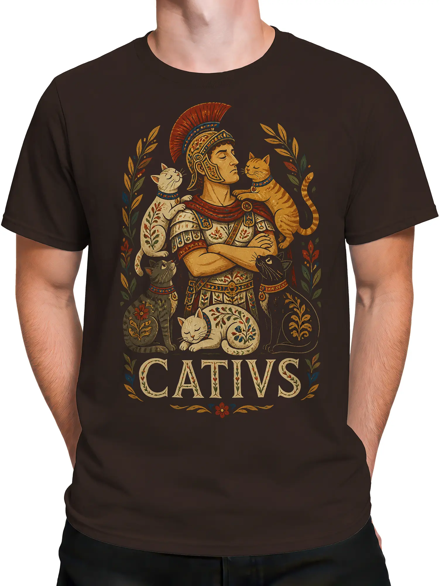 Male torso wearing a brown cat T-shirt with vintage Roman commander and feline artwork