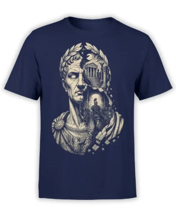 Roman bust T-shirt in navy with laurel wreath, temple ruins, moon, armored figure, and eagle emblem