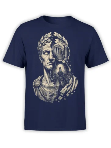 Roman bust T-shirt in navy with laurel wreath, temple ruins, moon, armored figure, and eagle emblem