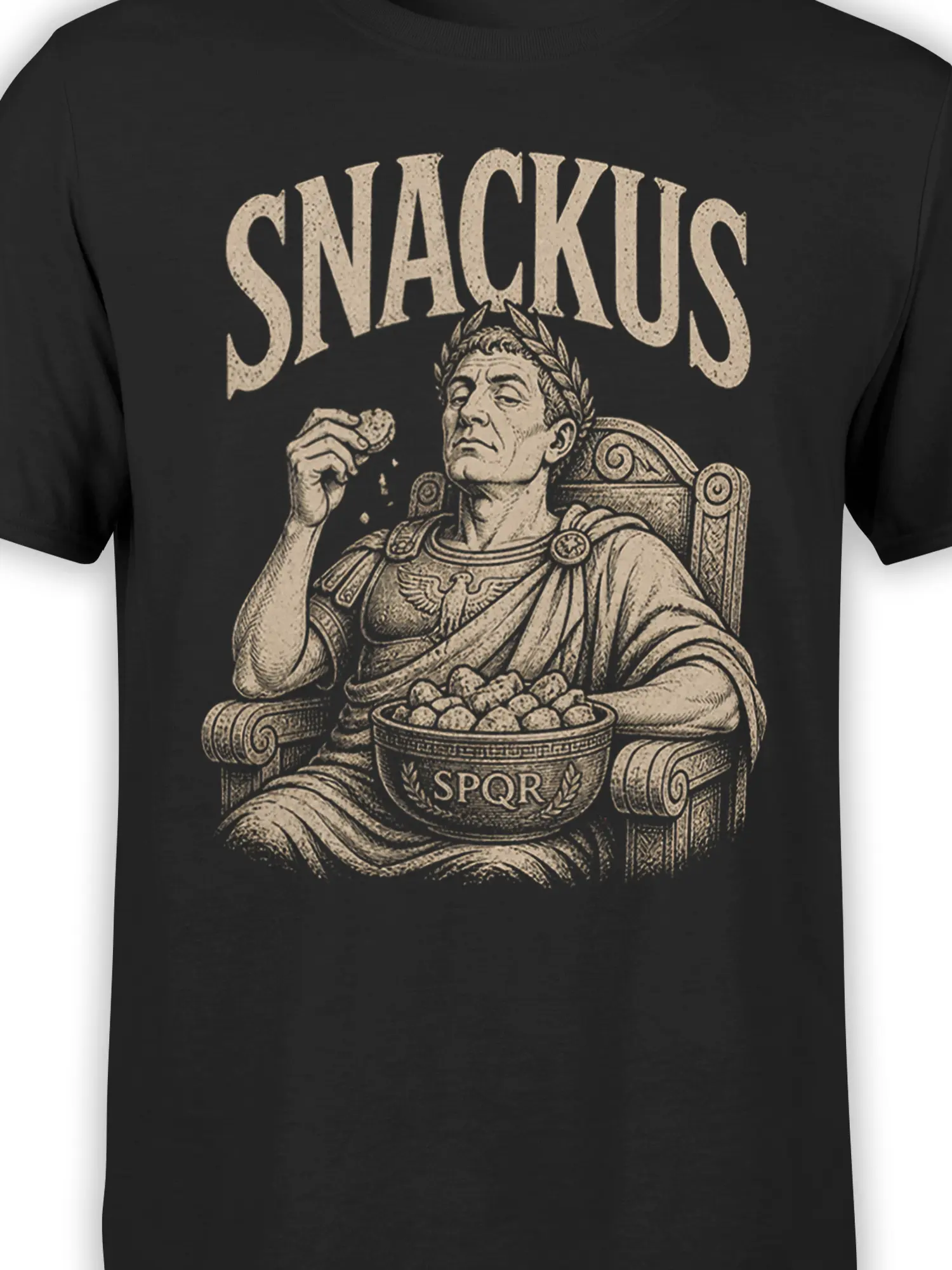 Close-up of the Roman emperor snack design, distressed SNACKIUS text, laurel wreath, and SPQR bowl