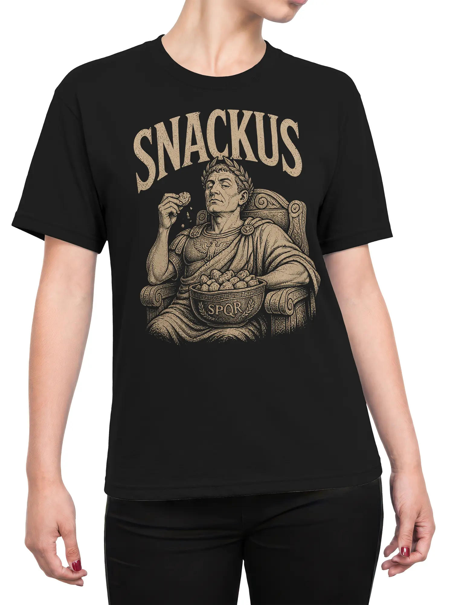 Female torso wearing a black Roman emperor T-shirt with SNACKIUS lettering and a detailed snack bowl graphic